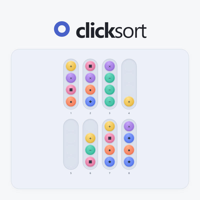 ClickSort puzzle board: eight tubes holding colored shapes, partly sorted.